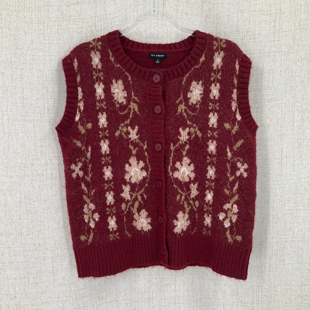 Anthropologie Sweater Vest Womens L Red Wool Blu Pepper Grannycore Academia